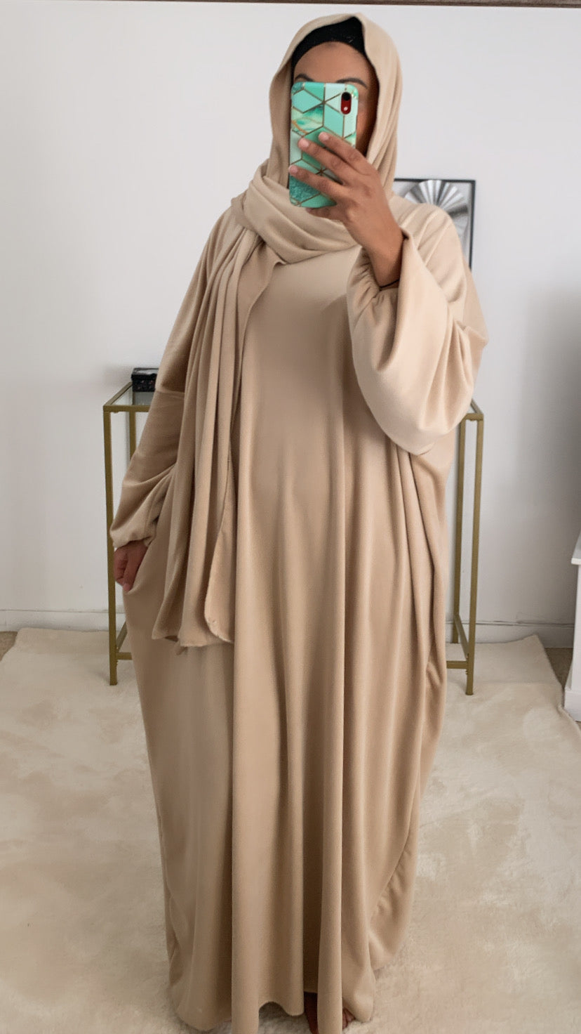 Abaya foulard intégré velours beige