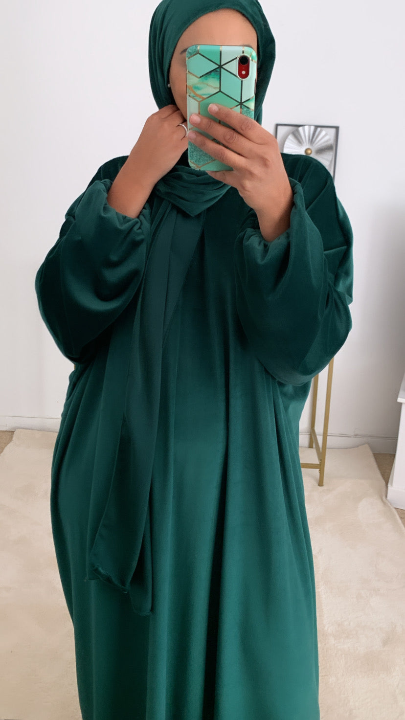 Abaya foulard intégré velours vert